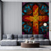 Vibrant floral and religious motif wallpaper styled in a serene living room with dark furniture and moody decor