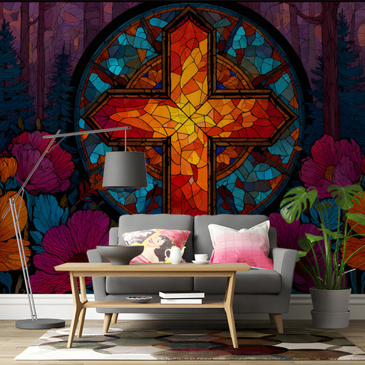 Stained glass cross mural installed as a feature wall in a quiet, moody living room with dark wooden shelving
