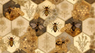 A repeating honeycomb pattern featuring honeybees, wildflowers, and honeycombs in shades of ochre, cream, and charcoal gray.