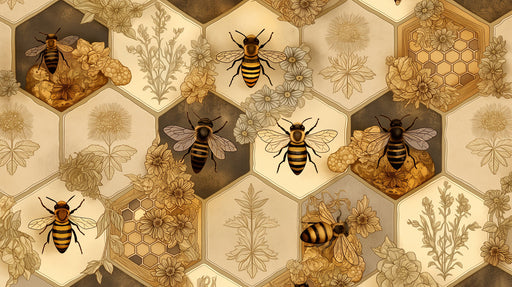 A repeating honeycomb pattern featuring honeybees, wildflowers, and honeycombs in shades of ochre, cream, and charcoal gray.