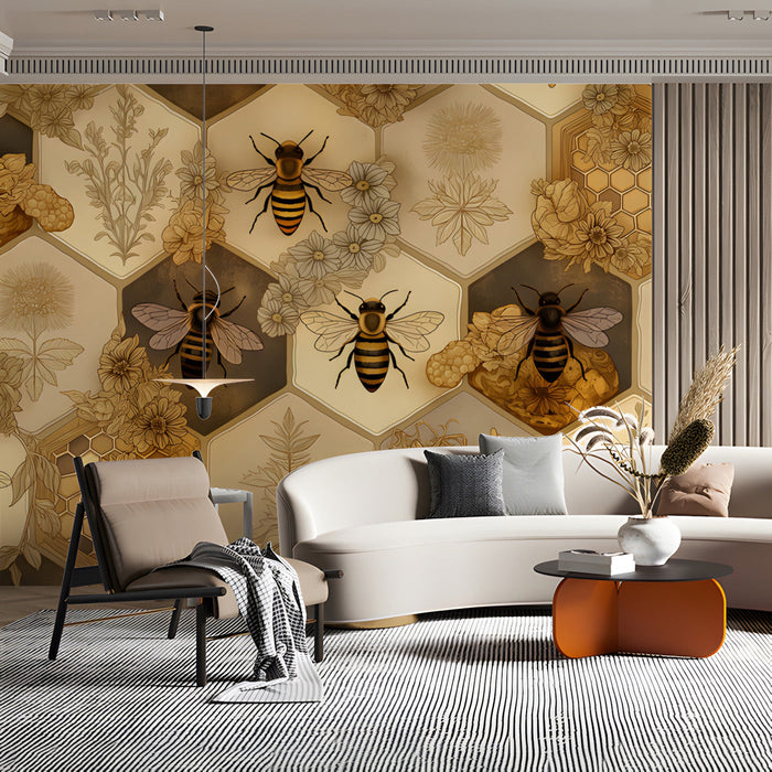 An elegant living room featuring the botanical bee pattern as a sophisticated, warm feature wall.