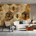 An elegant living room featuring the botanical bee pattern as a sophisticated, warm feature wall.