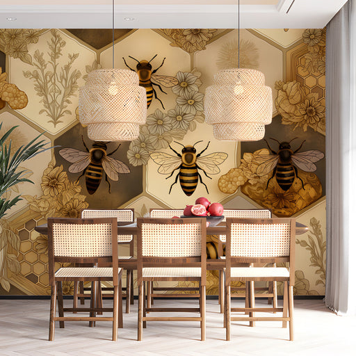 A bright dining room wall featuring the honeybee mural, paired with light wood cabinets and warm lighting.