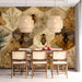 A bright dining room wall featuring the honeybee mural, paired with light wood cabinets and warm lighting.