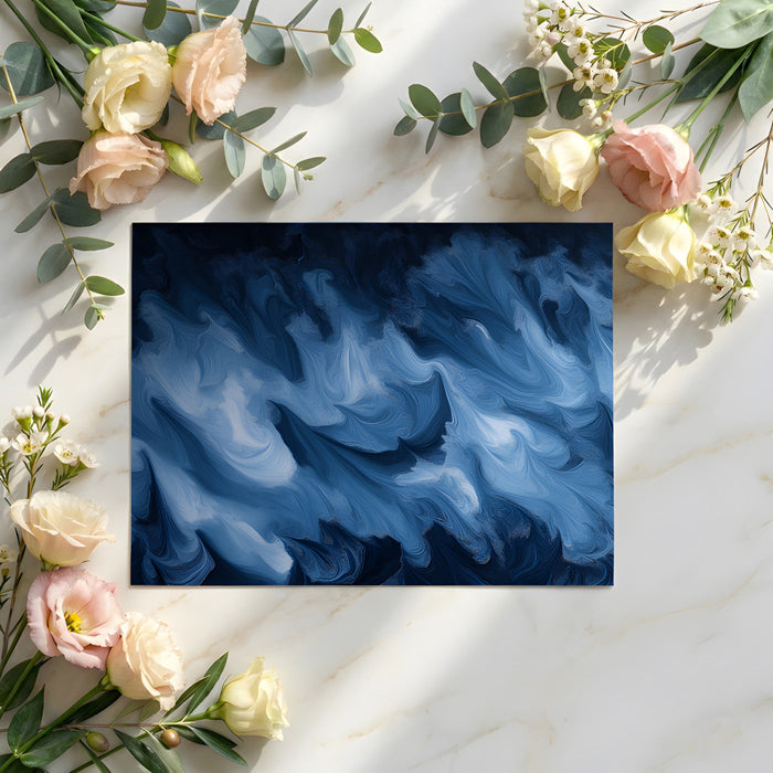 Modern home office with deep blue abstract fluid wave mural wallpaper