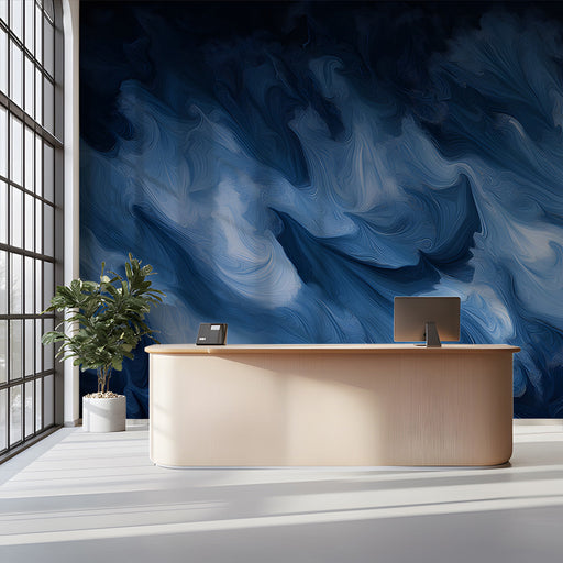 Office interior design featuring a dark indigo swirling wave statement wall