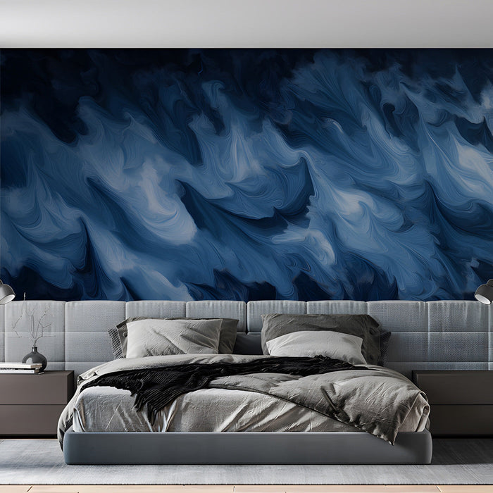 Moody master bedroom interior featuring an abstract blue wave mural wall