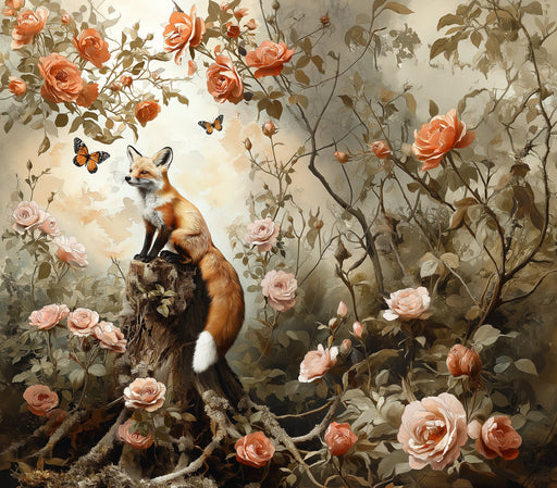 A painterly mural featuring a fox on a tree stump surrounded by peach roses and butterflies in an earthy garden setting.