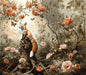 A painterly mural featuring a fox on a tree stump surrounded by peach roses and butterflies in an earthy garden setting.