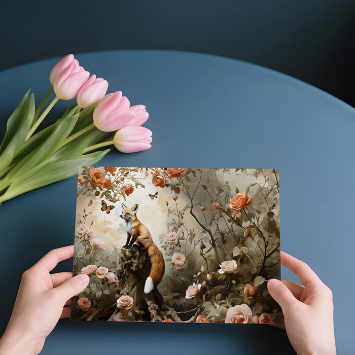 Botanical floral mural with a fox motif creating a focal point in a quiet, sophisticated reading room.