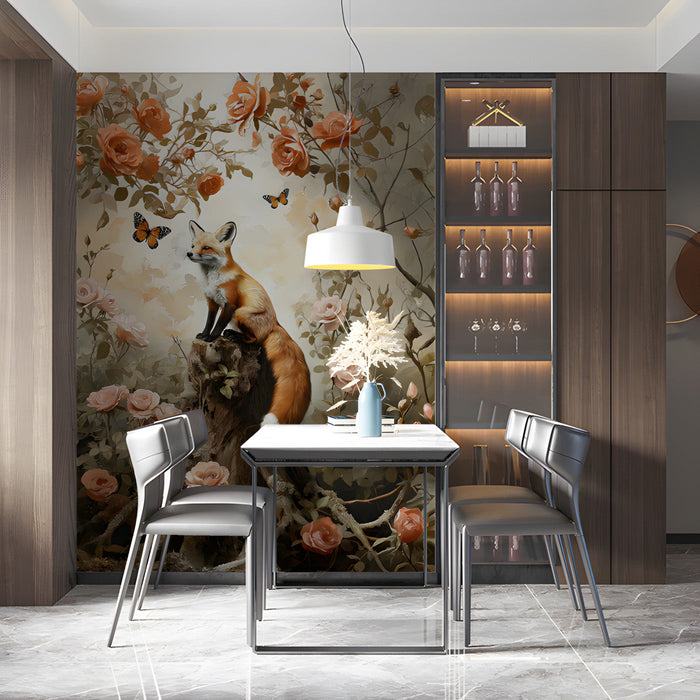 Artistic rose garden wallpaper applied in a bright dining room with elegant modern decor.
