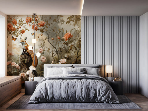 Whimsical fox mural installed as an accent wall in a cozy bedroom with light wooden furniture.