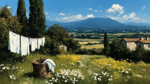 Oil painting style wallpaper of a Tuscan landscape with white linens hanging on a line in a field of yellow and white flowers