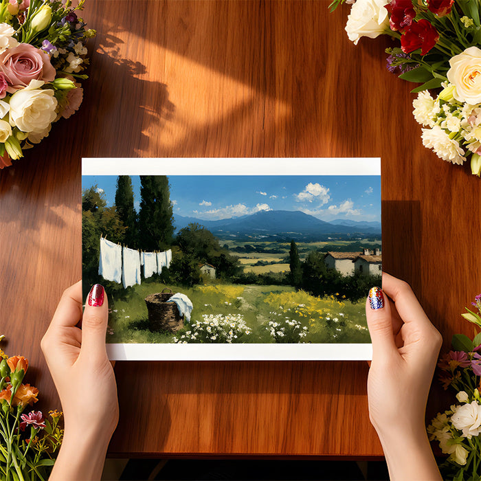 Bedroom interior with a calm countryside mountain vista wallpaper mural behind a headboard