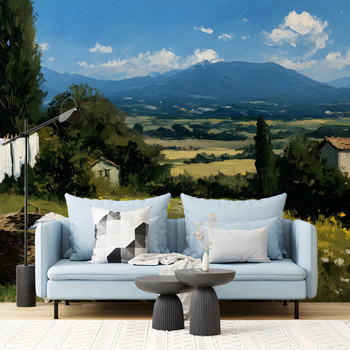 Scenic dining room featuring a pastoral landscape wall mural with a rustic wooden table