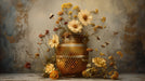 Still life mural featuring a honeycomb vase, wildflowers, and honeybees against a textured charcoal wall.