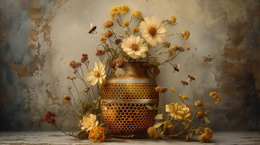 Still life mural featuring a honeycomb vase, wildflowers, and honeybees against a textured charcoal wall.