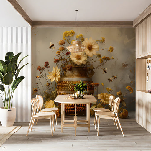 A cozy kitchen wall featuring a wildflower and honeybee mural above a wooden dining table.