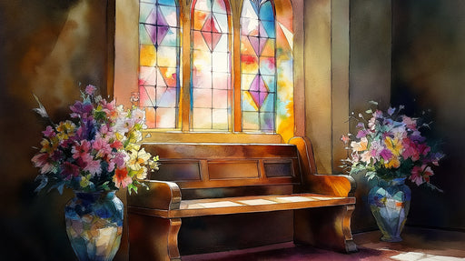 Watercolor style stained glass window mural with mahogany wood and floral vases
