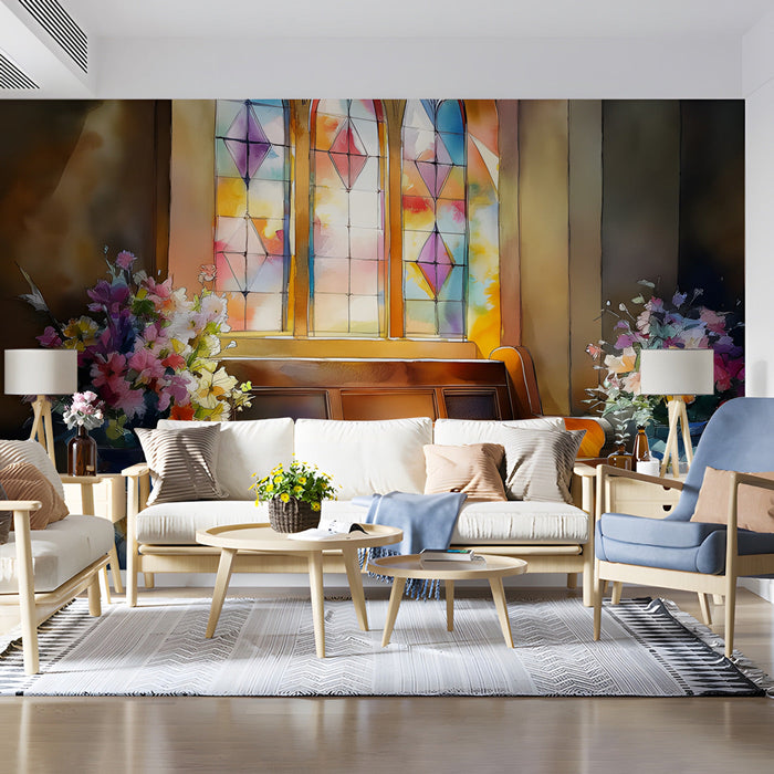 Painterly stained glass mural used in a sophisticated home office entryway