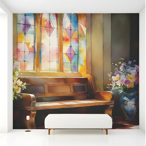 Stained glass cathedral mural installed as a feature wall in a quiet entryway