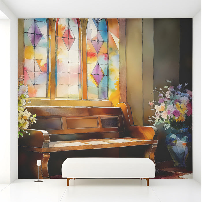 Stained glass cathedral mural installed as a feature wall in a quiet entryway