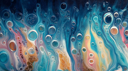 Abstract fluid art wallpaper featuring dark navy, teal, and amber liquid cells and swirls.
