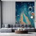A stylish powder room featuring a vibrant, swirling fluid art mural for a high-impact aesthetic.