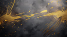 Abstract wallpaper pattern with dark charcoal smoke clouds and vibrant fluid gold paint splashes