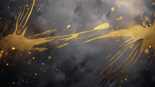 Abstract wallpaper pattern with dark charcoal smoke clouds and vibrant fluid gold paint splashes