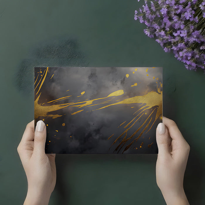 Modern office space with a moody dark and gold abstract mural providing a sophisticated professional backdrop