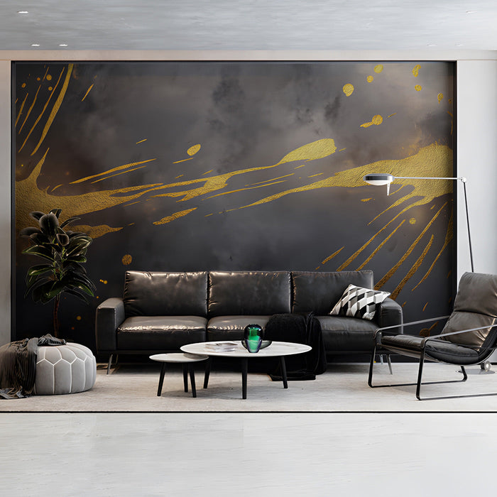 Primary bedroom interior featuring charcoal and gold cloud-inspired wallpaper behind a minimalist bed frame