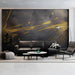 Primary bedroom interior featuring charcoal and gold cloud-inspired wallpaper behind a minimalist bed frame
