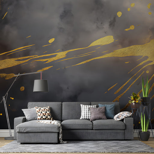 Gilded smoke wallpaper installed as a dramatic feature wall behind a luxury charcoal velvet living room sofa