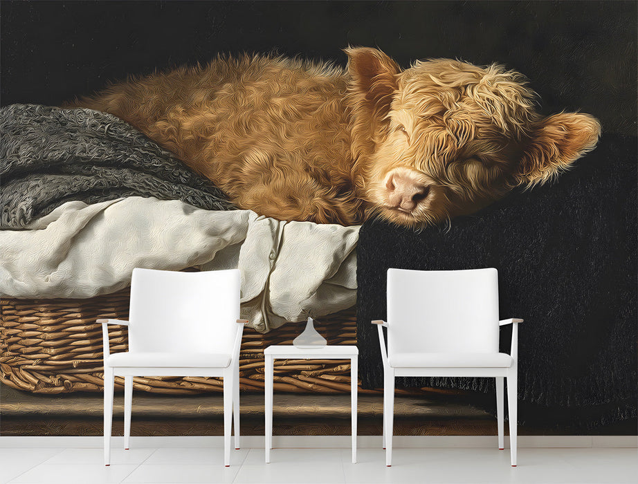 A cozy entryway featuring the Highland calf mural above a wooden crib with neutral textiles.