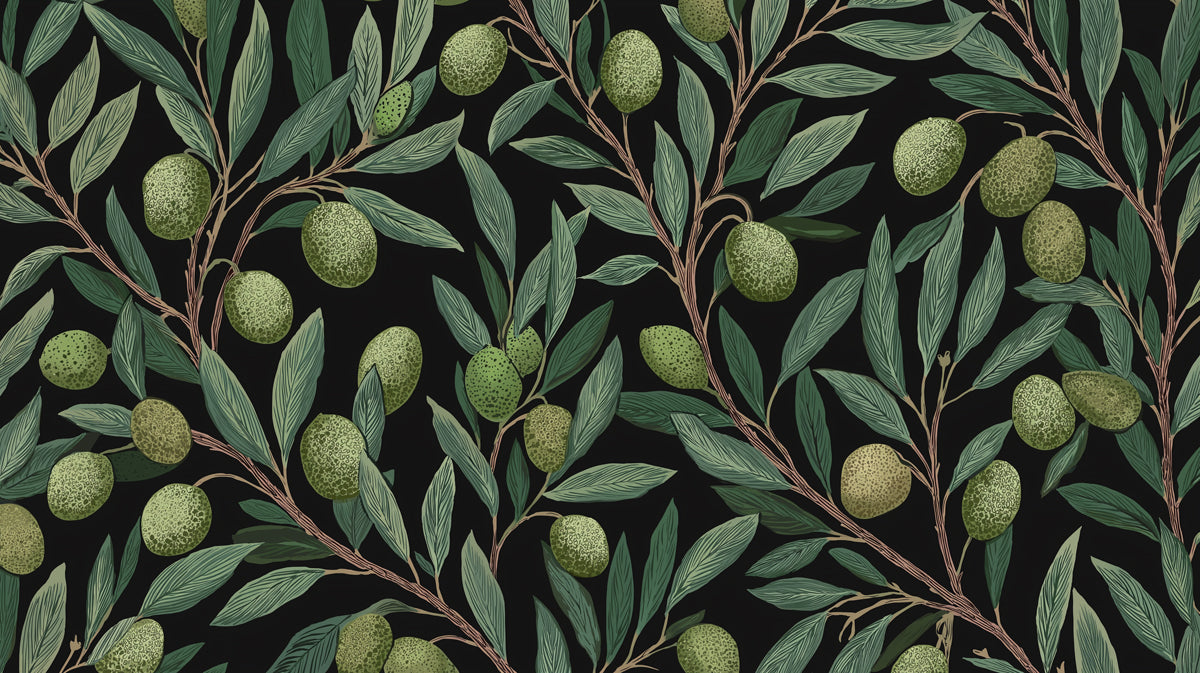 Botanical olive branch pattern with green leaves and textured olives on a black background