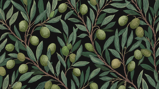 Botanical olive branch pattern with green leaves and textured olives on a black background