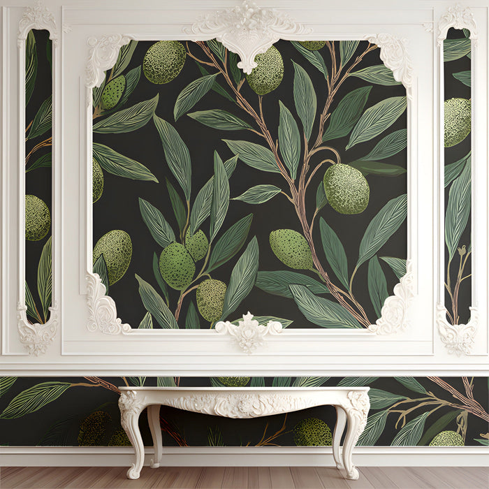 Inviting reading nook with olive branch wall covering and warm ambient lighting