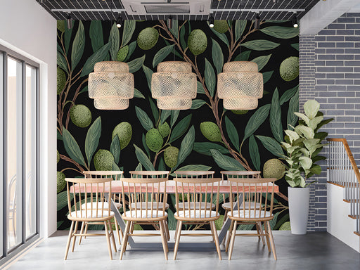 Moody dining room with olive branch wallpaper and dark velvet furniture