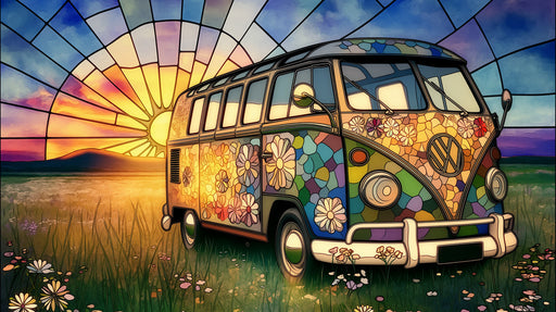A stained glass style mural featuring a retro camper van decorated with flowers in a sunset meadow.