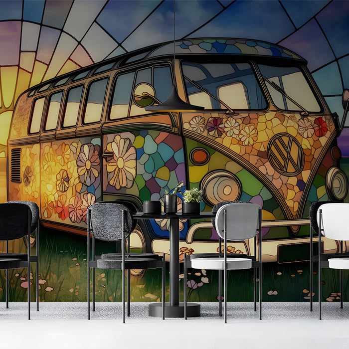 Vintage van mural installed in a colorful, eclectic living room with mid-century furniture.