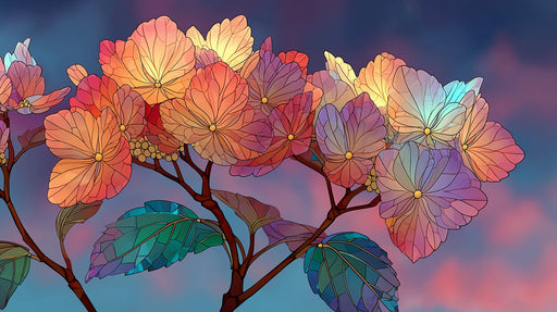 Close up of stained glass style hydrangea flowers with coral, violet, and deep indigo petals
