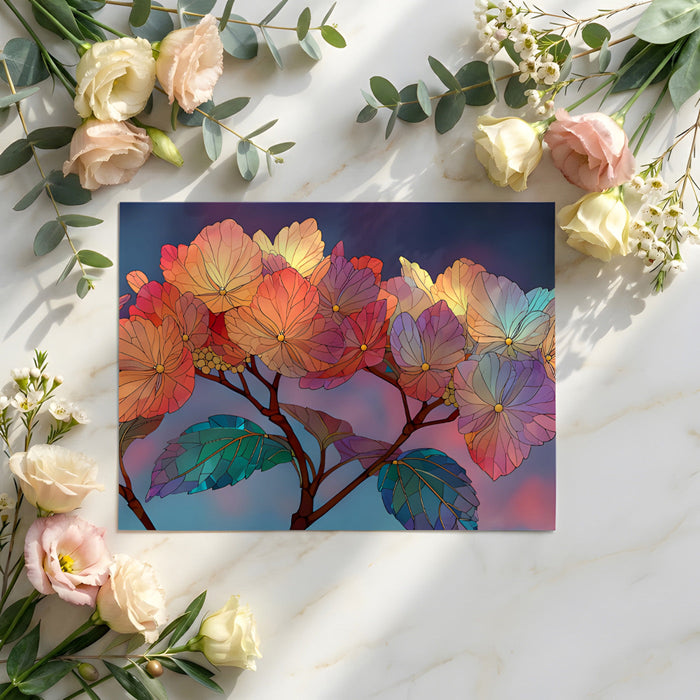 Dining room interior with colorful hydrangea wallpaper providing a warm and artistic backdrop