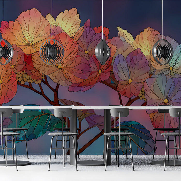 Primary bar featuring a stained glass style floral wall mural behind a bed with neutral bedding