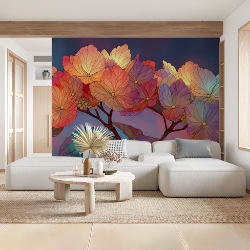 Commercial room featuring a vibrant floral mural on the main accent wall behind a modern sofa