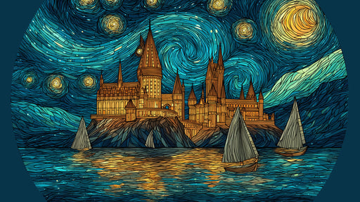 A circular design depicting a stone castle at night under a swirling blue and teal sky with glowing stars and sailboats.