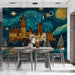 A  dining room with a dark academic aesthetic featuring a starry castle feature wall.
