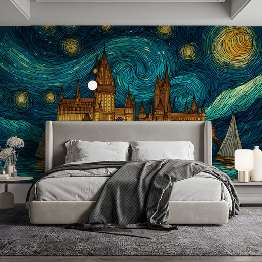 A cozy bedroom featuring the starry night castle wallpaper behind a plush velvet armchair.