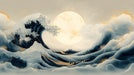 Japanese-inspired woodblock wave pattern with deep navy waves, a large glowing moon, and gold stippled accents.