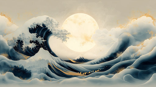 Japanese-inspired woodblock wave pattern with deep navy waves, a large glowing moon, and gold stippled accents.